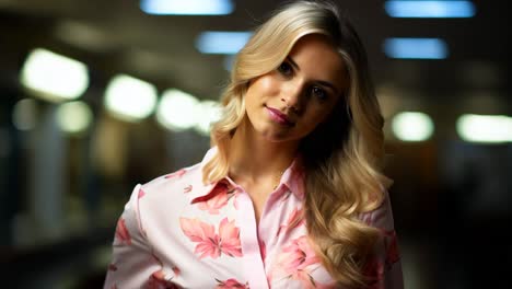 elegant woman in a floral blouse posed indoors with soft lighting