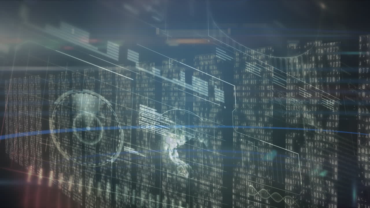 Animation of globe and data processing over server room