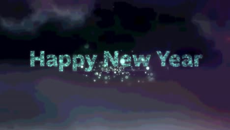 Green-happy-new-year-text-over-fireworks-exploding-against-blue-background