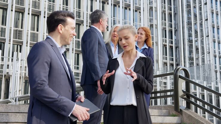 Business Professionals Conversing Outdoors in a City Environment
