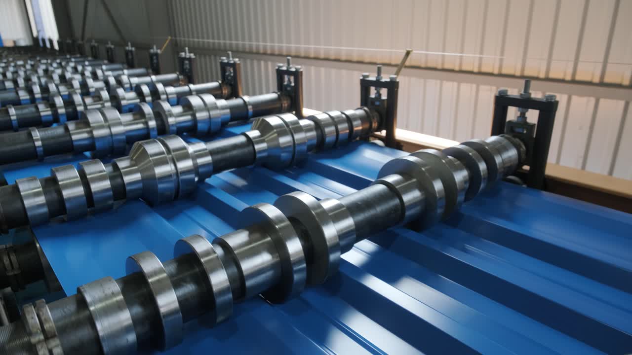 현대 금속 공장에서 금속 판을 형성하는 기계.