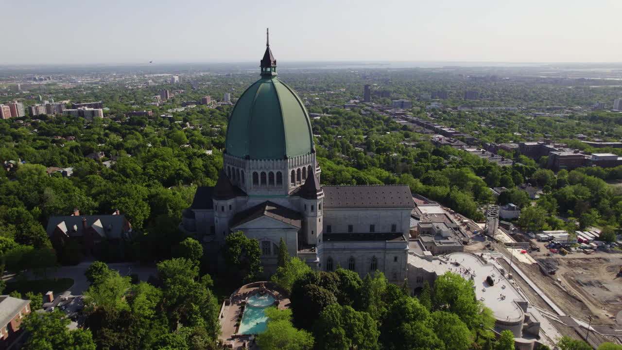 Drone shot approaching the Saint Joseph's Oratory of Mount Royal in Montreal