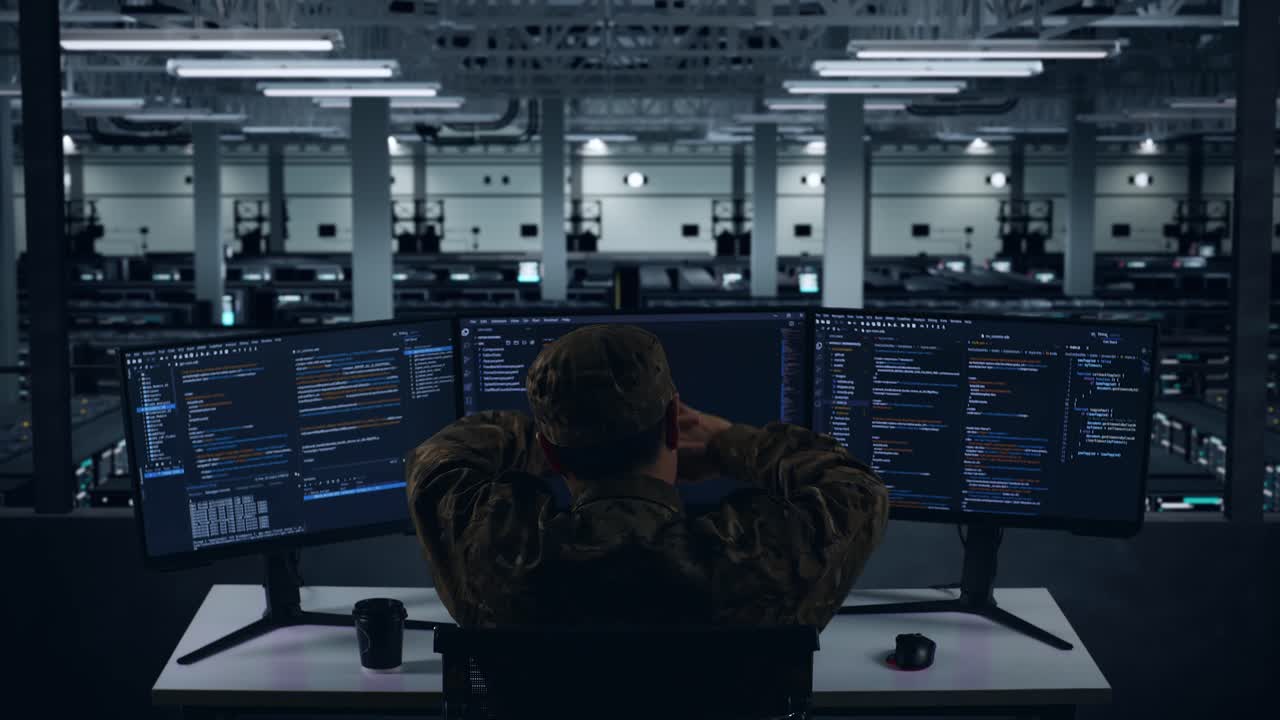 Military Personnel Working in a Data Center at Night