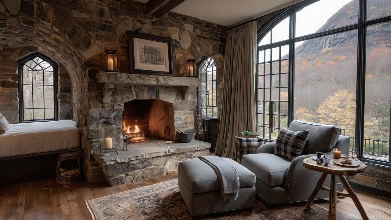 Cozy Stone Living Room with Fireplaces and Elegant Furnishings Enhances Warmth and Comfort in an Inviting Rustic Retreat Surrounded by Nature