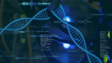 Animation of dna strands over data processing and server room