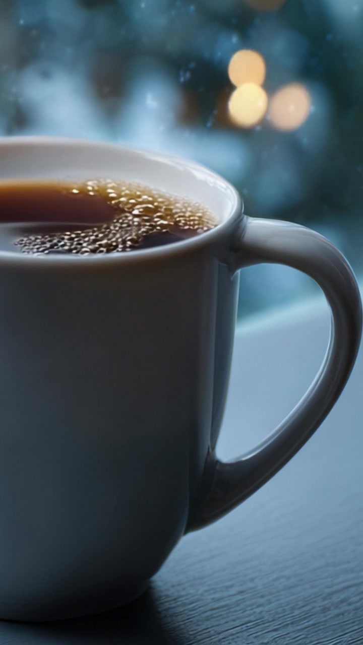 Una tazza di caffè calda con vapore che sale, fotografata su uno sfondo invernale sfocato, che evoca comfort e serenità in un'accogliente ambientazione per bevande.