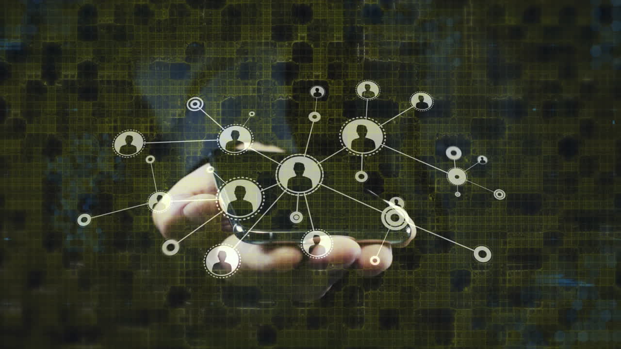 teléfono inteligente en la mano con conexiones de red animación sobre fondo digital