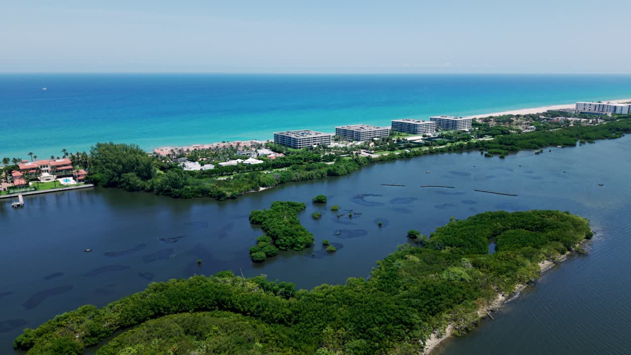 Aerial of Downtown Flagler Beach coastline and city layout near West Palm Beach