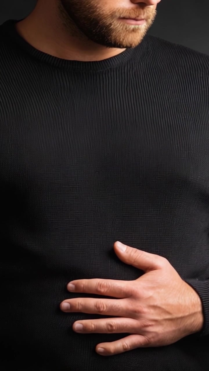 Un Primo Piano sull'Esplorazione della Contemplazione: Un Uomo con un Maglione Nero Guarda Pensieroso Mentre si Tiene lo Stomaco in Modo Composto e Introspettivo
