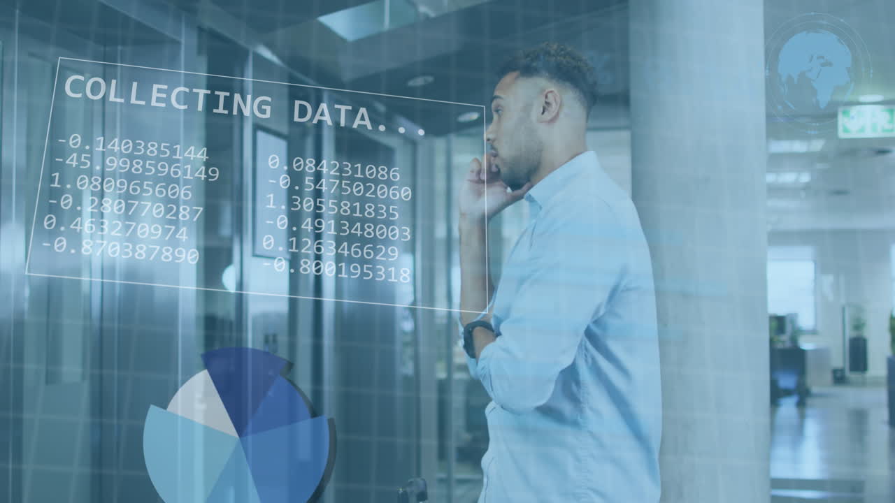animación del procesamiento de datos financieros sobre un hombre de negocios biracial que usa el teléfono