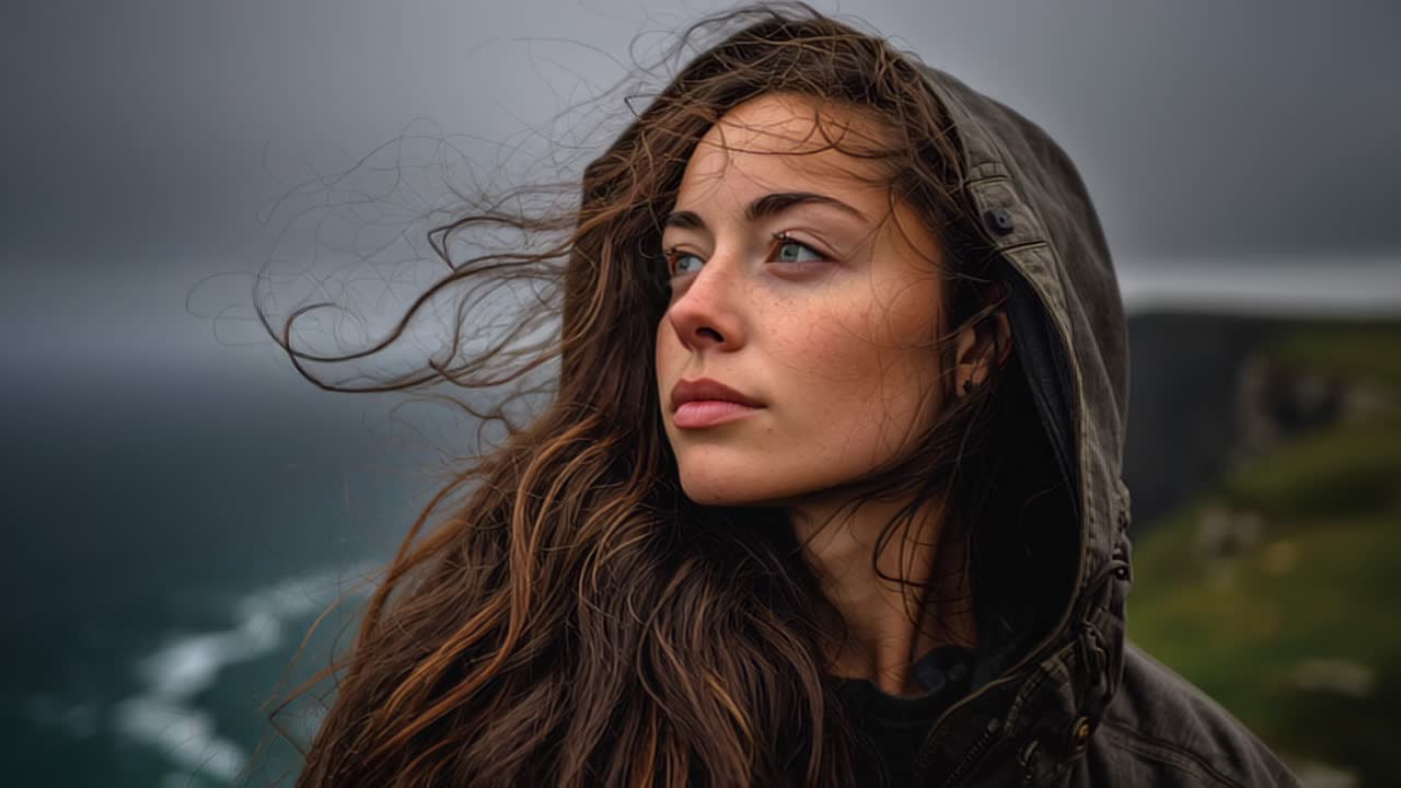 Filmato ravvicinato cinematografico di una giovane donna con lunghi capelli che volano al vento forte, che indossa una giacca con cappuccio vicino a una costa spettacolare con tempo nuvoloso.
