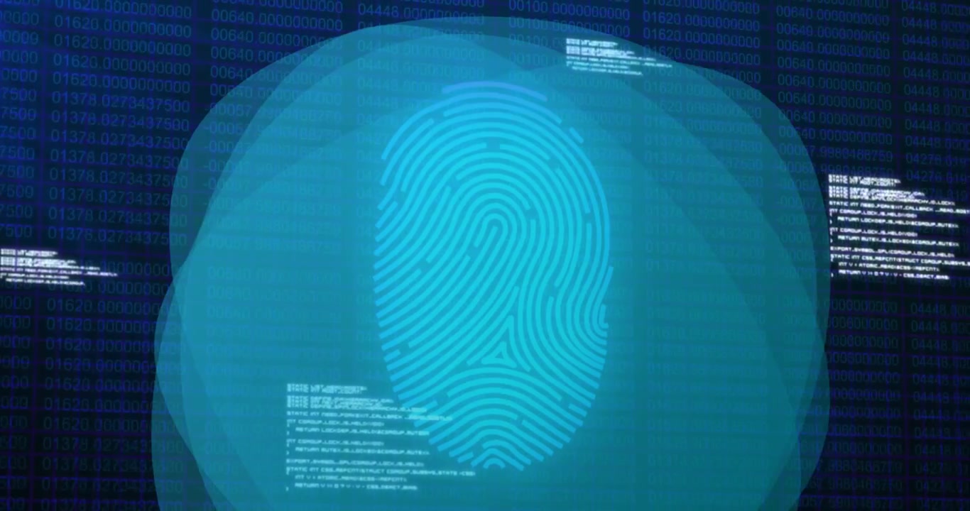 Animation of data processing and fingerprint over binary code on navy background