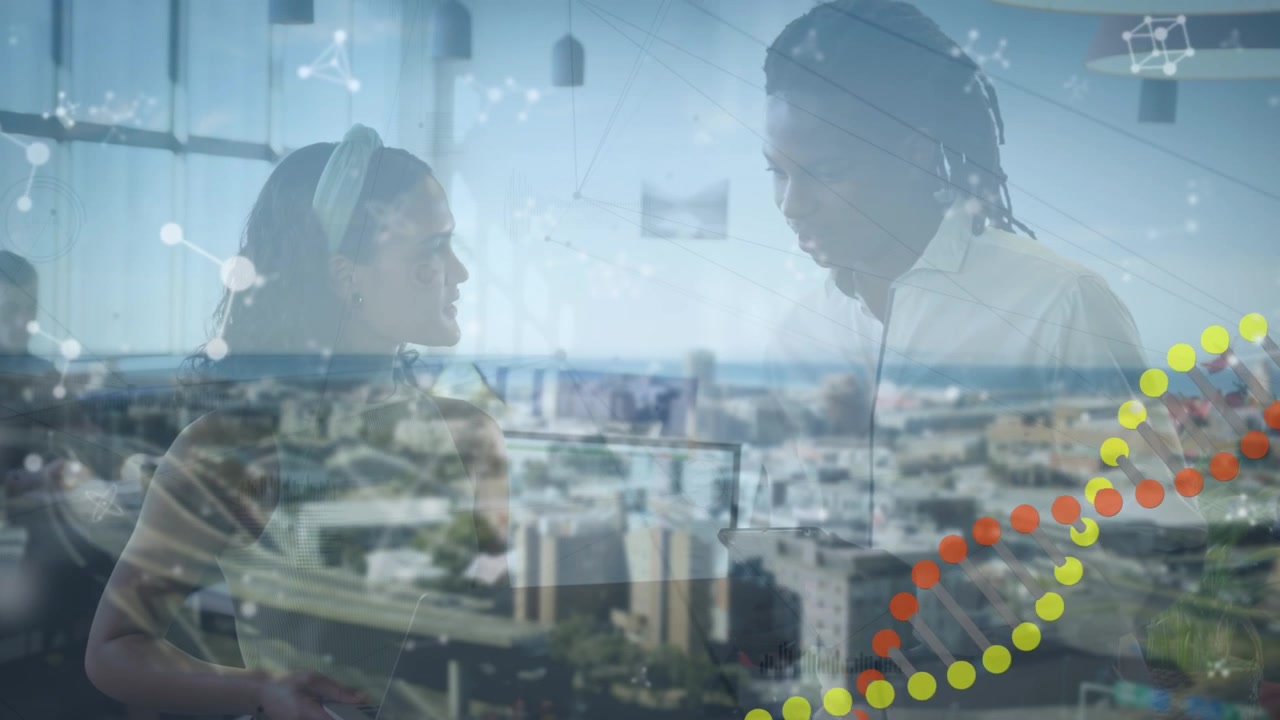 Animation of shapes and cityscape over diverse business people in office