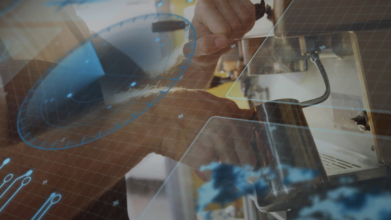 Male barista steaming milk under espresso wand, showcasing coffee shop digital interface graphics
