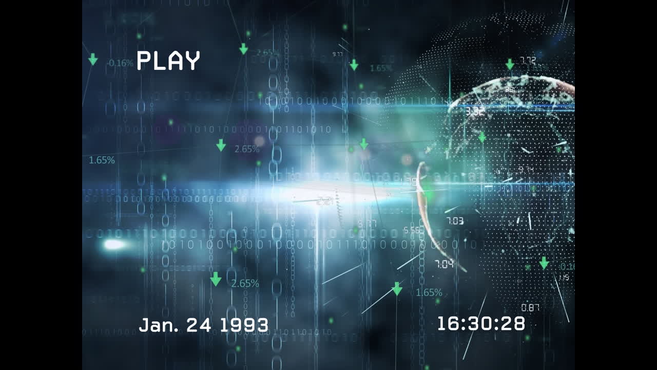 Animation of screen with glitch, binary code and rotating globe