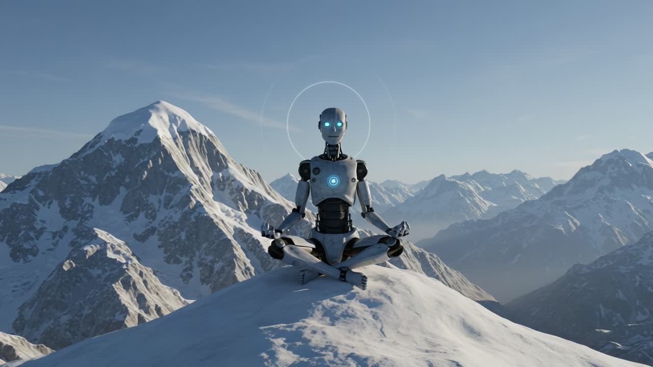 A Tranquil Robot Meditating in the Mountains: Exploring the Harmony Between Technology and Nature Through a Serene Landscape