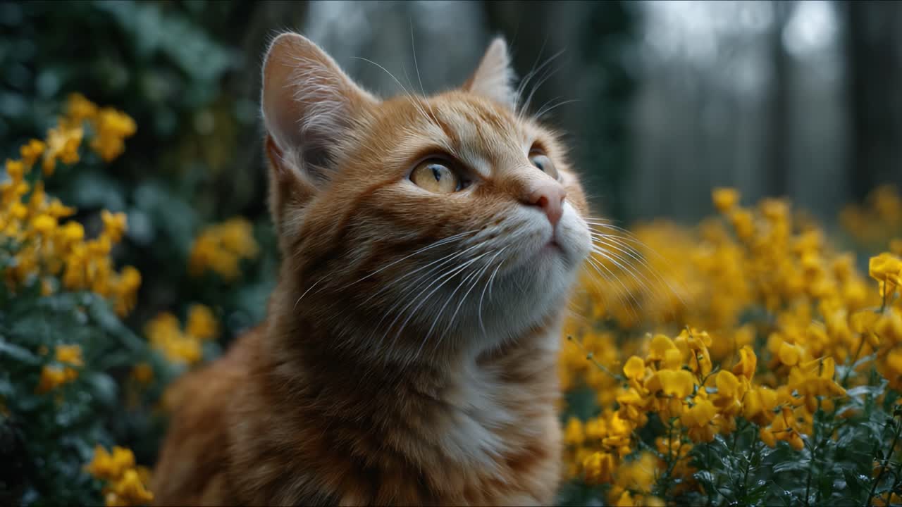 Un bellissimo gatto arancione che osserva un sereno giardino pieno di fiori giallo brillante, catturando l'essenza della natura e la tranquillità in ogni fotogramma