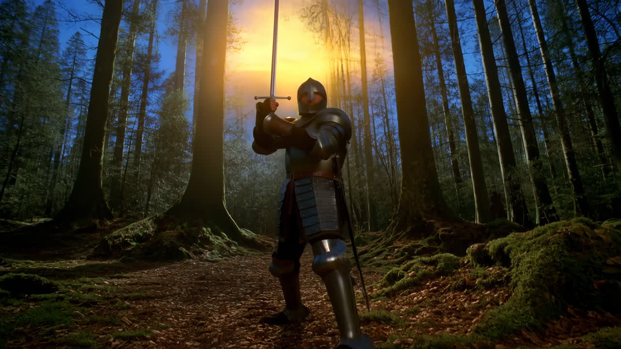 Knight in Armor Holding a Sword in a Sunlight Forest