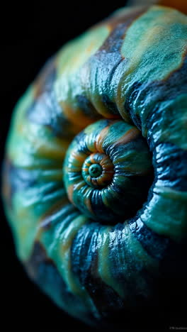 macro close-up of a vibrant green and blue snail shell spiral