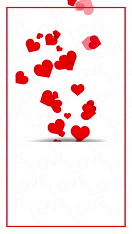 white background with flying red hearts up. love text. blank empty copy space for text, romantic inscriptions. vertical video.