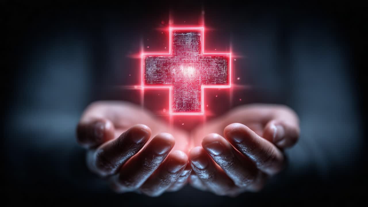 Un simbolo luminoso di salute e cura: mani che accarezzano una Croce Rossa radiosa, che rappresenta guarigione, speranza e lo spirito compassionevole di aiuto e supporto medico