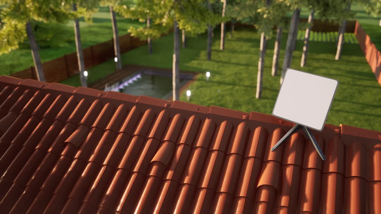 un tiro de animación en 3d de una antena receptora de internet por satélite en una valla de una casa rural.