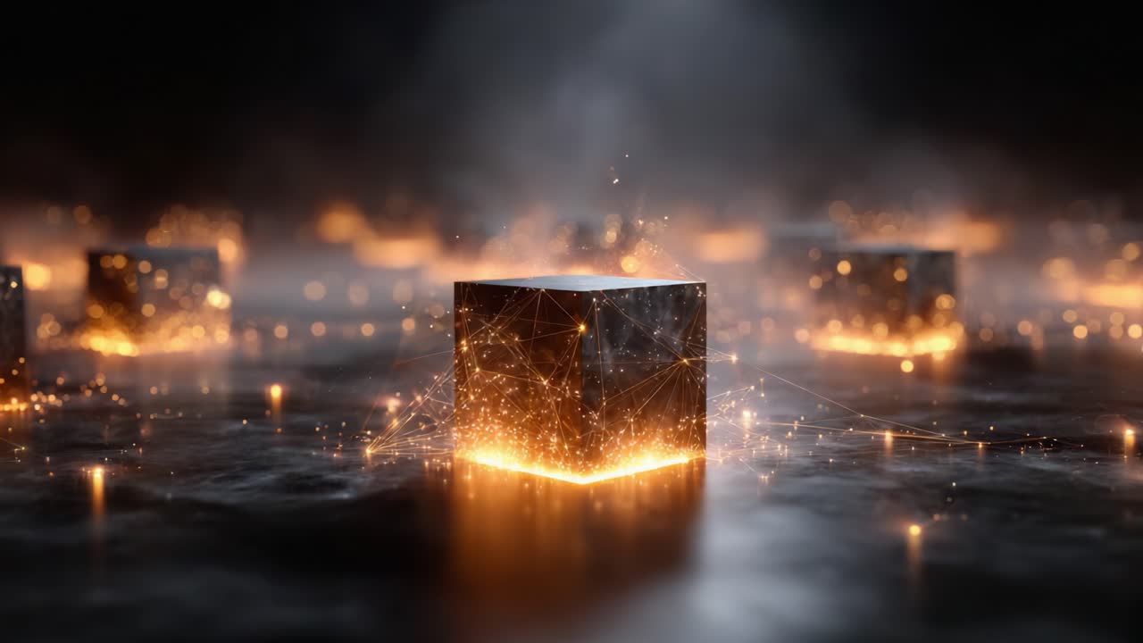 A Stunning Visual of Glowing Cubes Surrounded by Sparkling Lines and Shimmering Atmosphere in a Dark, Mysterious Setting, Ideal for Digital Art Enthusiasts and Creatives