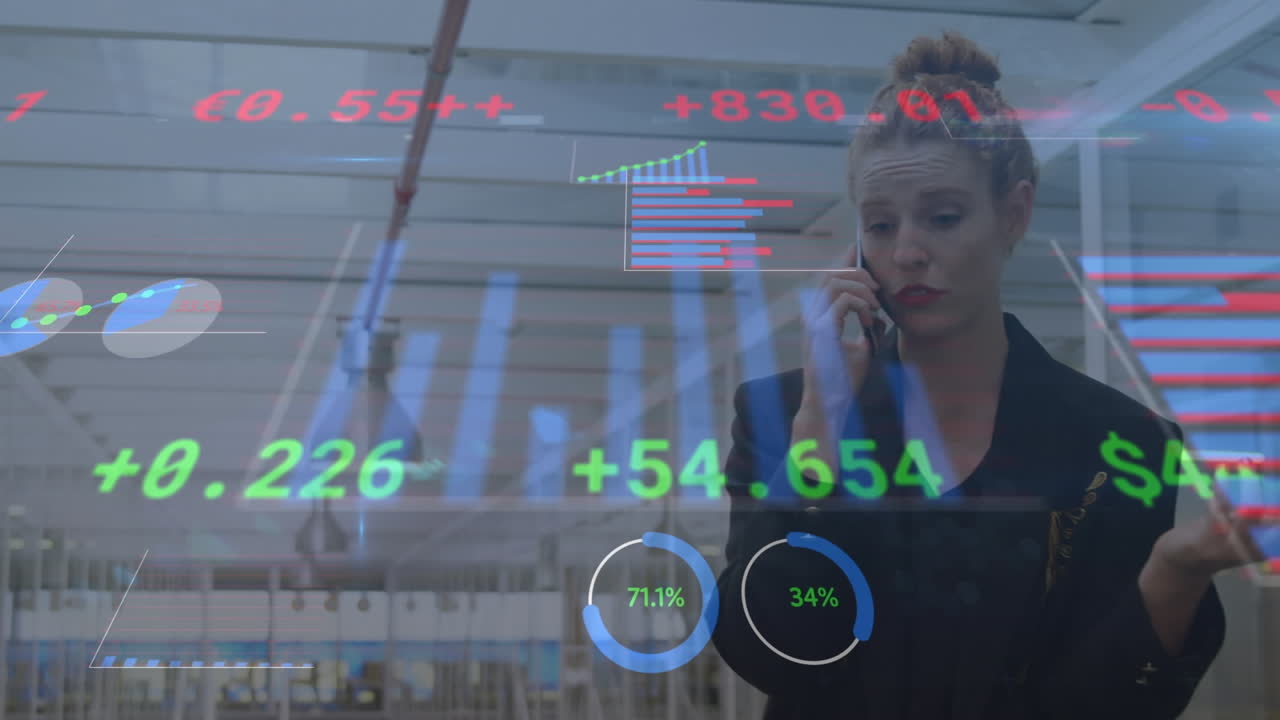 Animación del procesamiento de datos financieros sobre una mujer de negocios que usa un smartphone