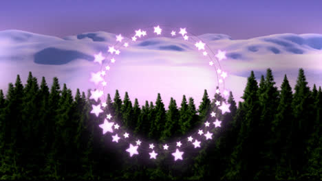 animation of fairy light frame with copy space over fir trees and winter scenery