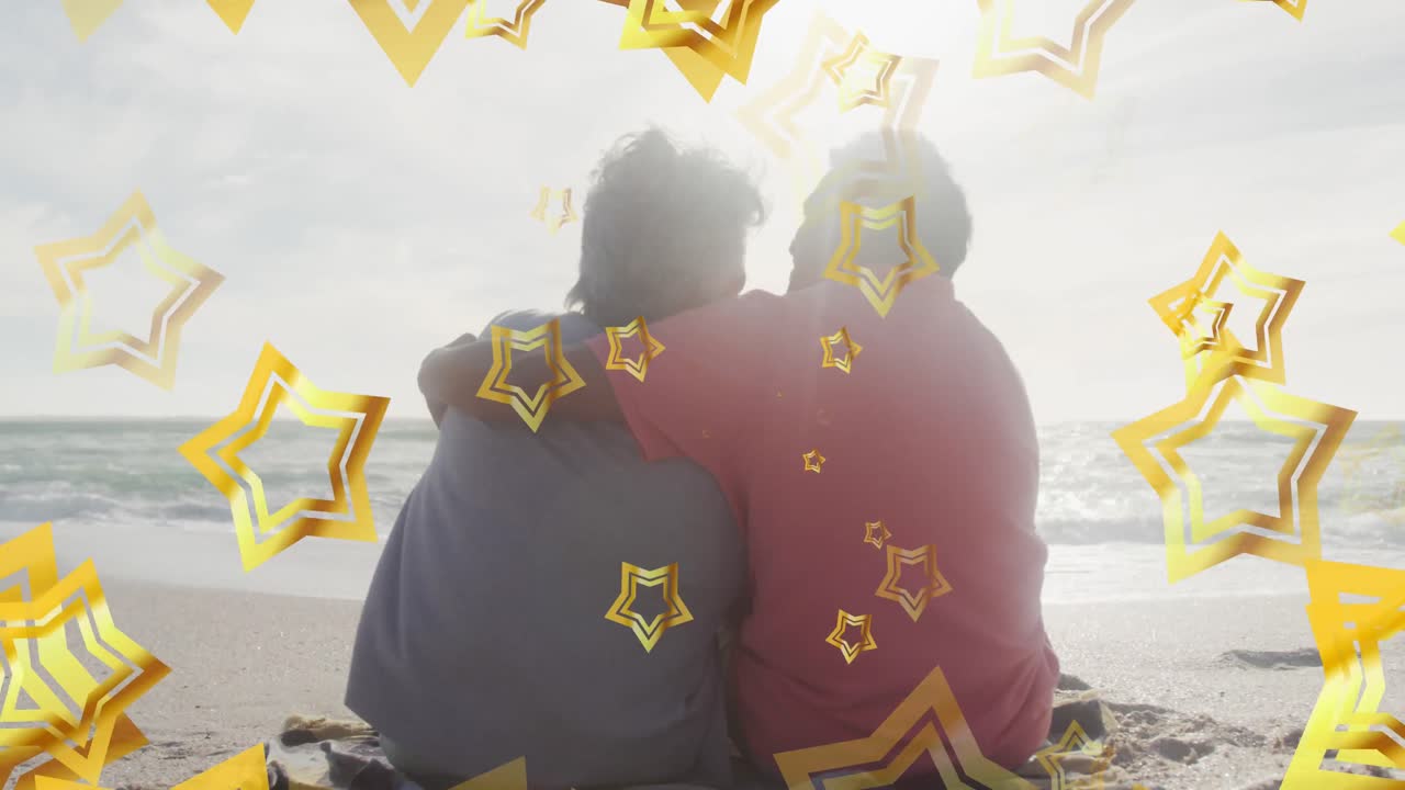 해변에서 두 인종의 어머니와 딸을 둘러싼 스타들의 애니메이션