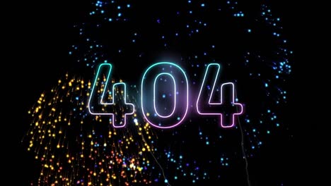 Animation-of-404-text-in-neon-letters-over-fireworks-on-black-background