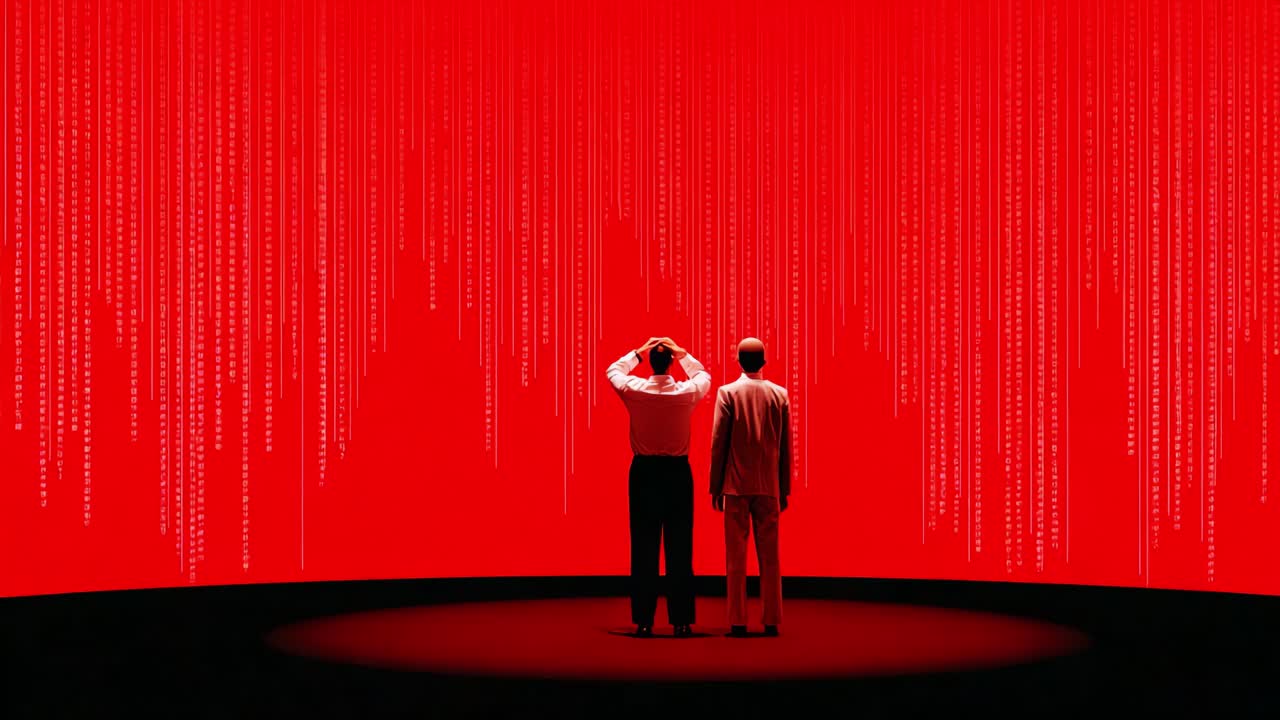 In a striking visual simulation, two figures stand in front of a vivid red backdrop filled with cascading digital binary code, reflecting themes of technology, data, and human emotion