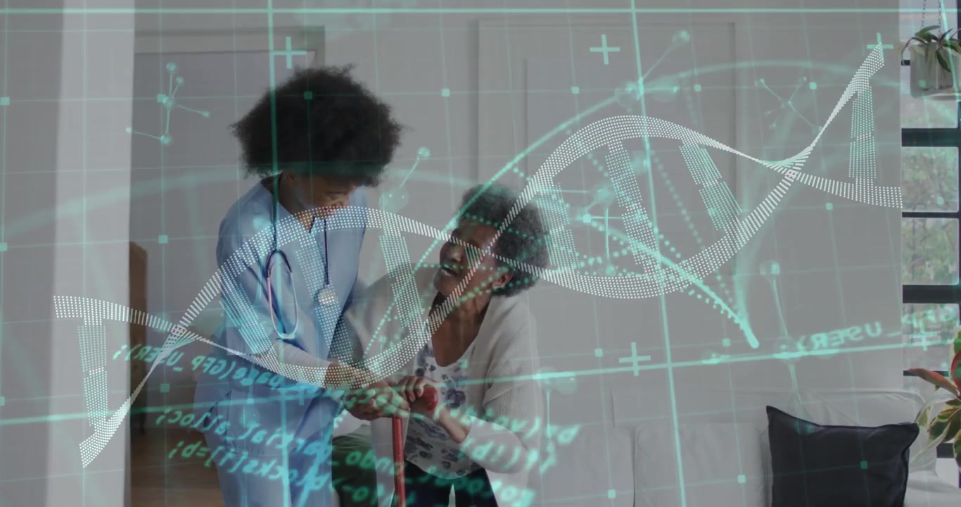Female caregiver bending, gripping senior hands and red cane, guiding rise with medical DNA overlay