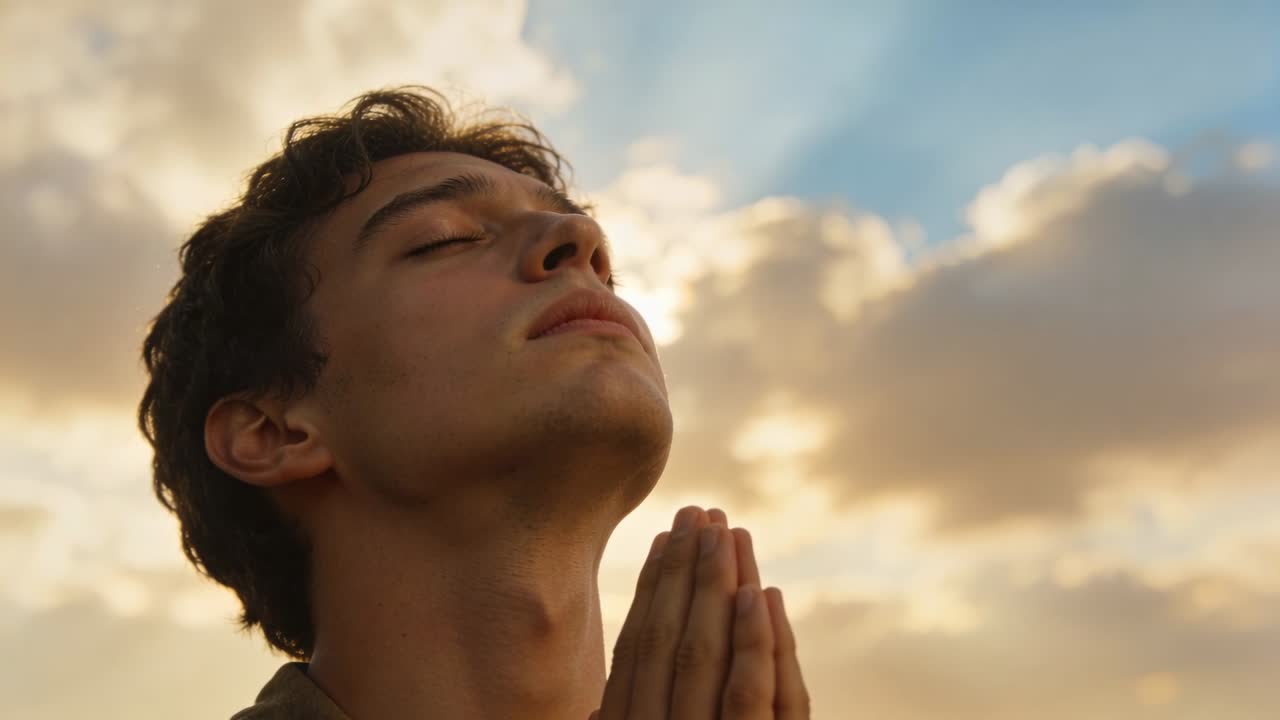 Praying male in collared shirt tilting head under partly cloudy sky, holding clasped hands