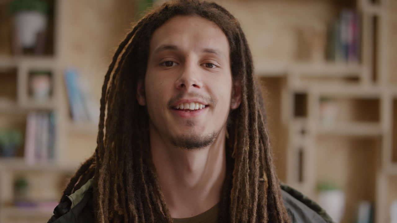 retrato confiado joven hombre de raza mixta sonriendo disfrutando de un estilo de vida independiente estudiante masculino relajado con rastas peinado cámara lenta