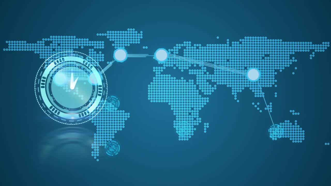 연결 네트워크와 세계 지도에 대한 시계 애니메이션