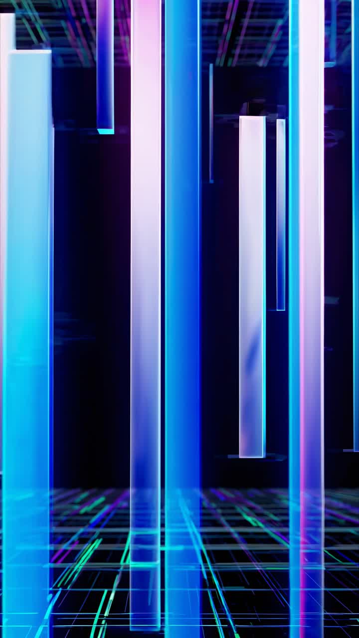 Futuristic video concept with glowing vertical bars in neon blue and purple