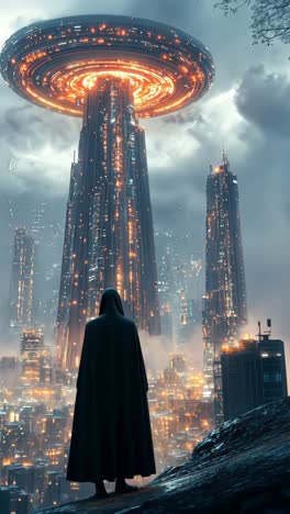 mysterious figure observes alien spacecraft over futuristic city skyline