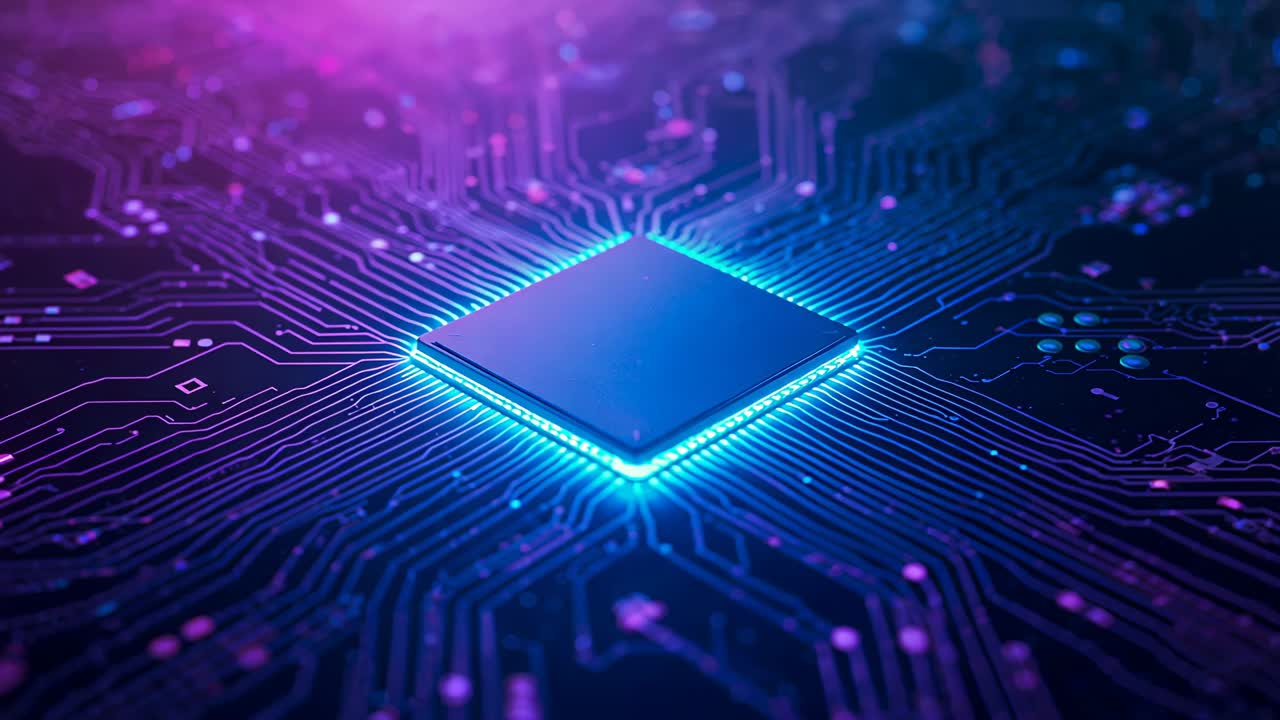 Glowing microprocessor causing pulses traveling along copper traces in purple glow, suggesting data