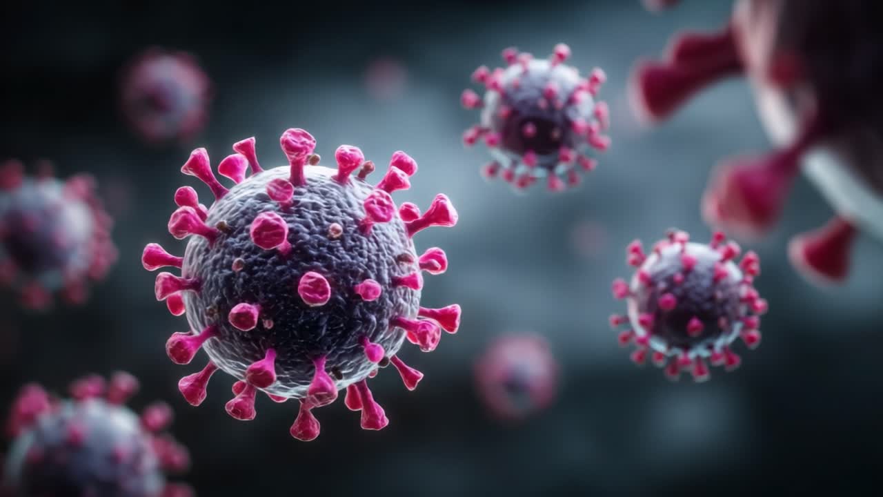 Visualizzazione dettagliata di particelle virali al microscopio, che mostra la struttura e le caratteristiche uniche di microrganismi patogeni per l'esame scientifico.