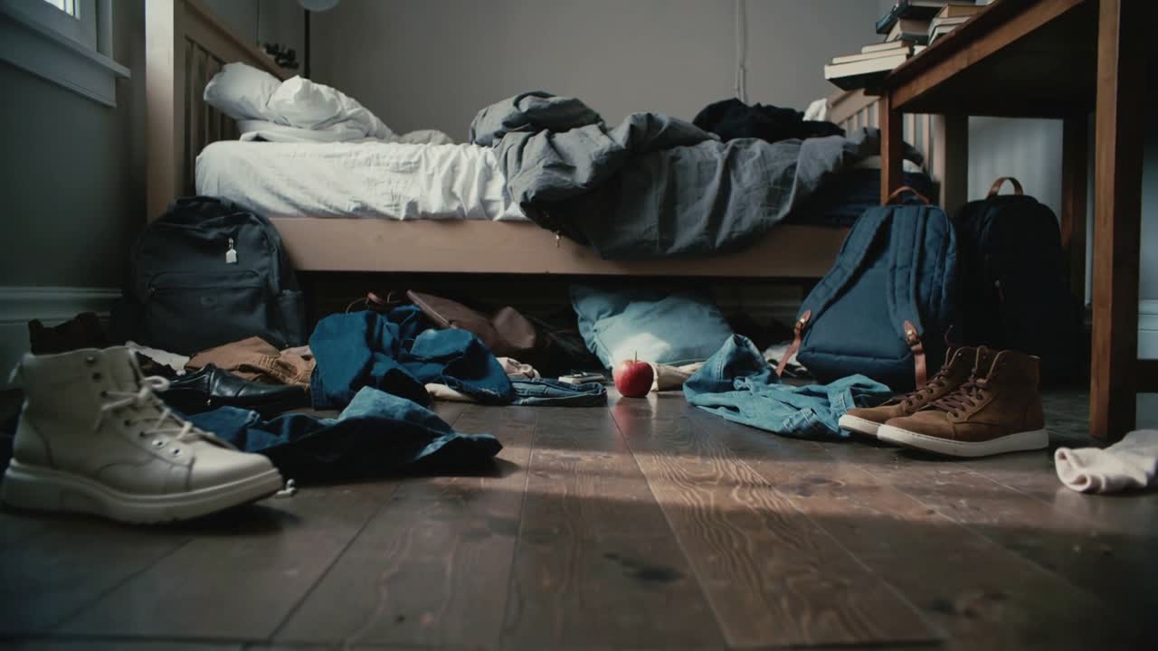 Sliding low camera moving forward toward bed, backpacks and clothes on wood floor, red apple