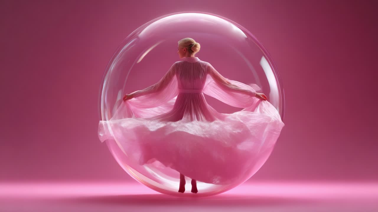 A Dancer Enclosed in a Transparent Bubble, Draped in a Flowing Pink Gown, Capturing the Ethereal Essence of Movement Amidst a Soft Pink Background