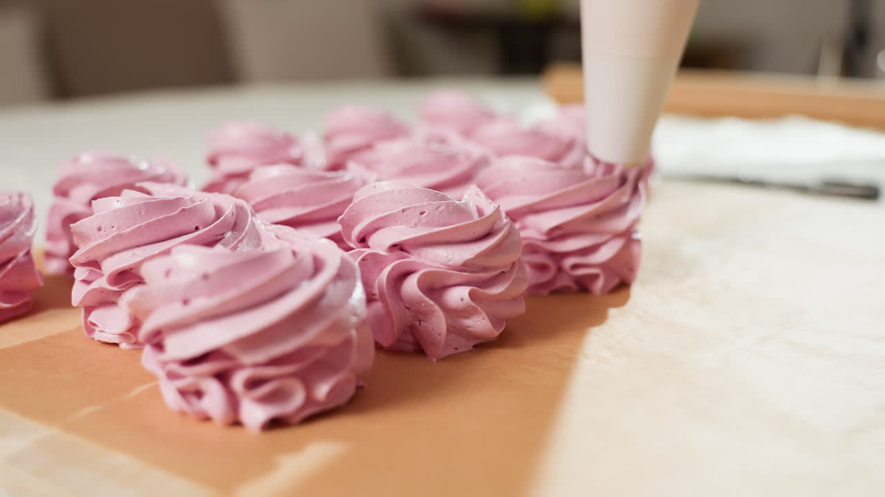 Close up of cupcake preparation process showing piping bag squeezing swirls of pink dough onto brown baking paper, cupcakes aligned in neat row ready for baking, soft focus background