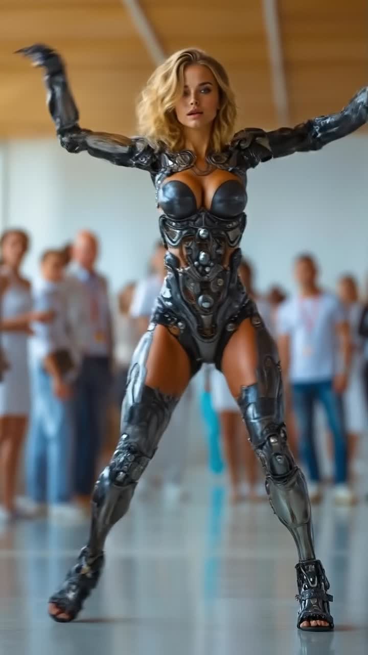 Poderosa ciborgue feminina atravessando uma exposição de tecnologia