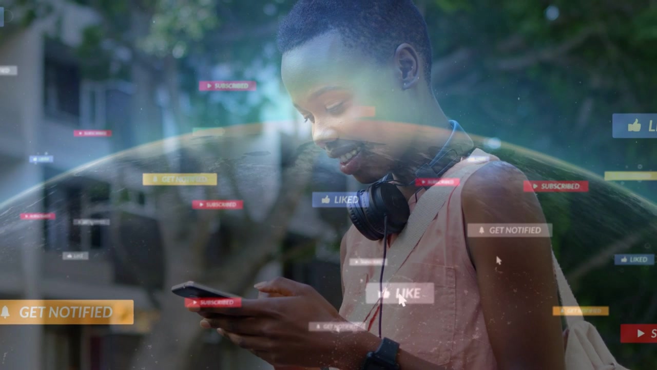Woman tapping smartphone, spawning globe arc and floating likes, boosting social marketing