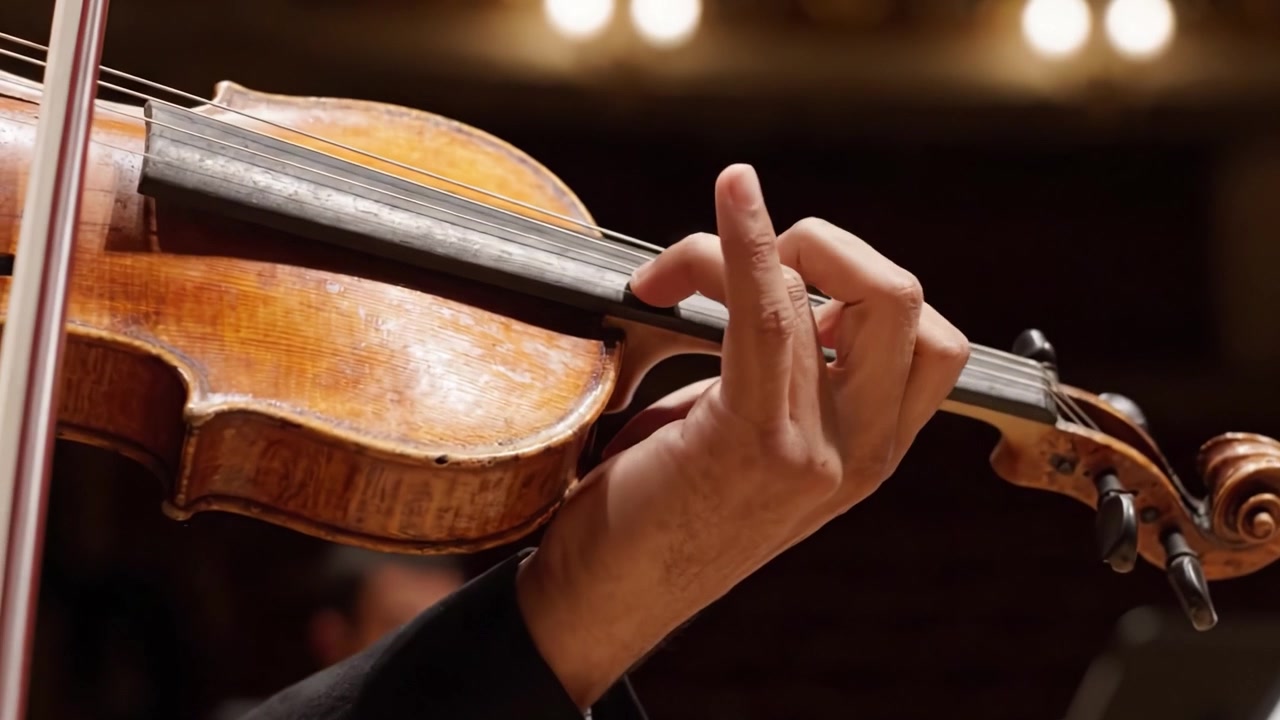 Catturare l'arte dell'esecuzione del violino: un primo piano della mano di un musicista che suona con maestria e precisione in un'elegante sala da concerto.