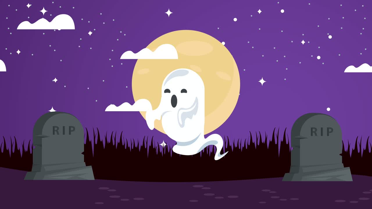 happy halloween animation with ghost in cemetery