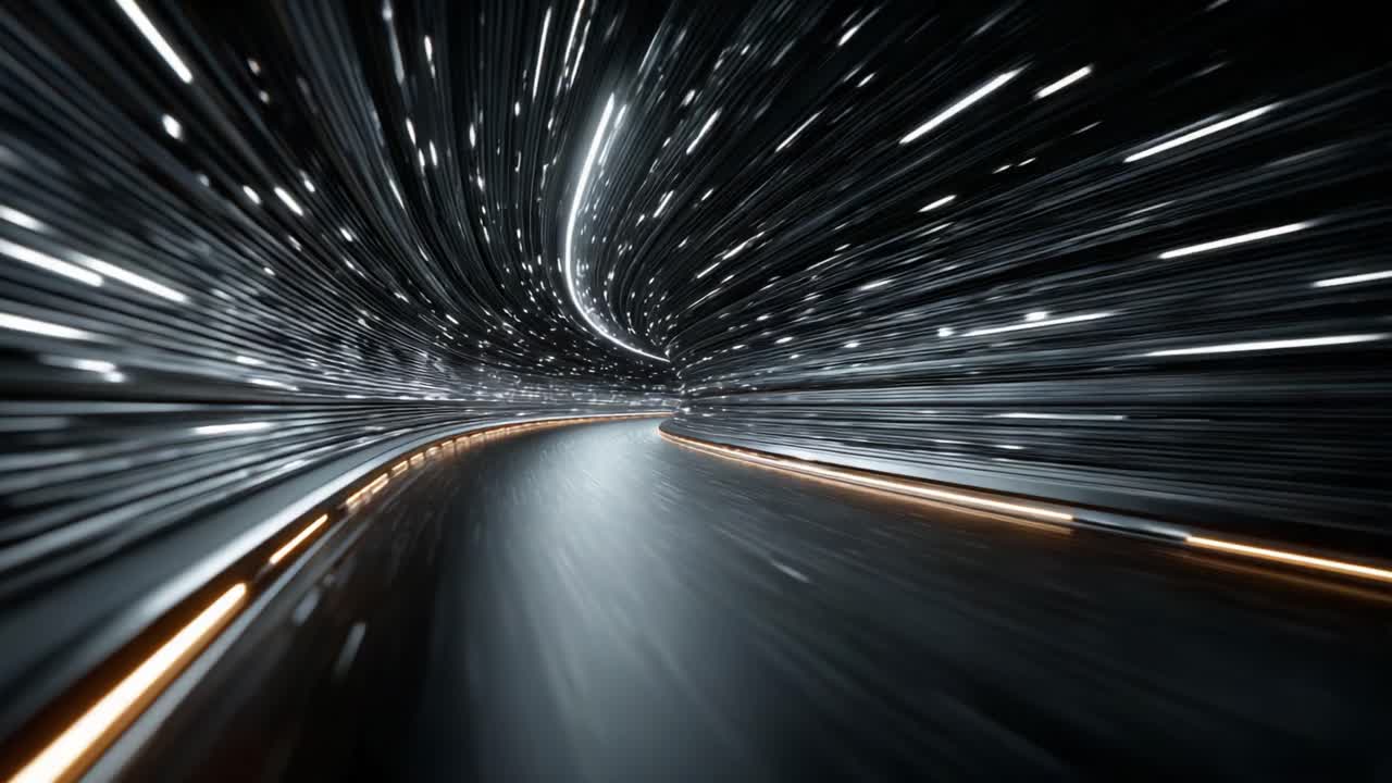A Journey through a Futuristic Tunnel of Light and Speed, Capturing the Essence of Motion as the Vehicle Accelerates along a Curved Path Amidst Dynamic Visual Effects