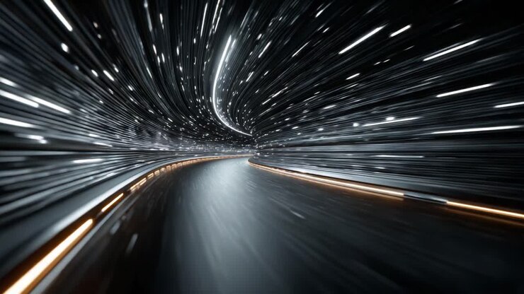 En rejse gennem en futuristisk tunnel af lys og fart, der indfanger essensen af bevægelse, mens køretøjet accelererer langs en kurvet sti midt i dynamiske visuelle effekter.