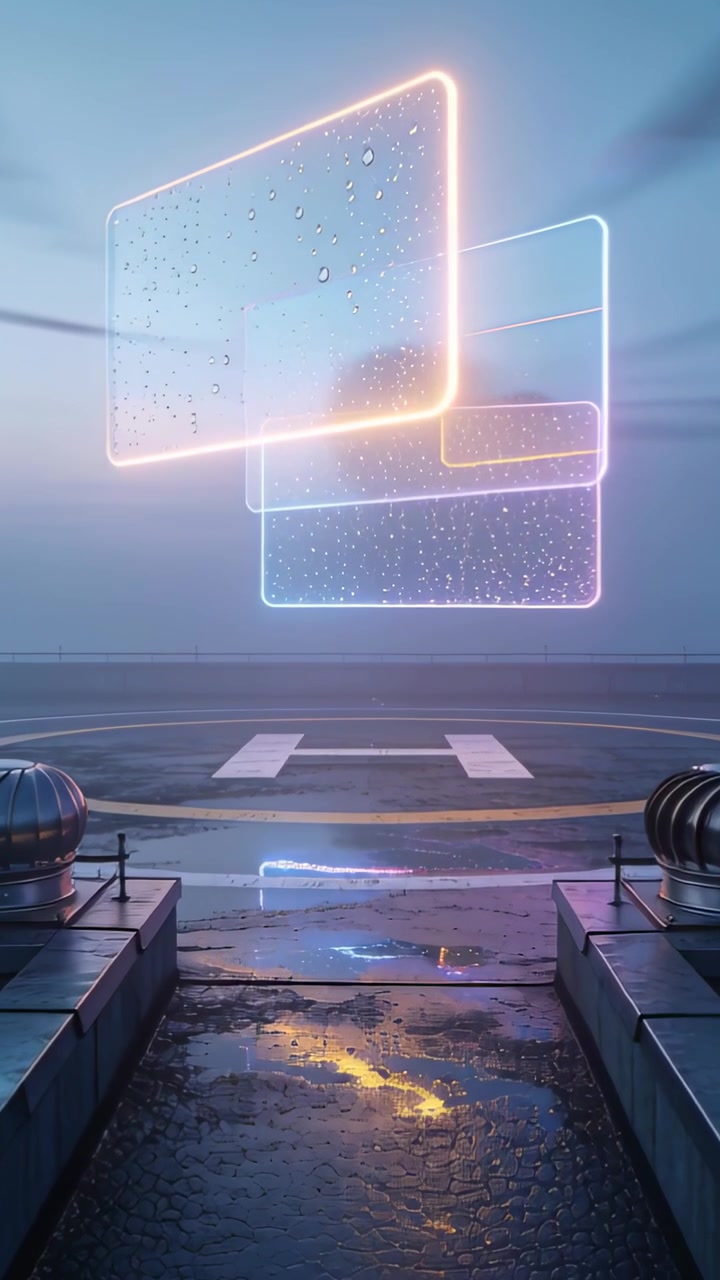 Video verticale: Vento che muove tre pannelli al neon che fluttuano sopra l'eliporto sul tetto, con il ponte bagnato che riflette le prese d'aria